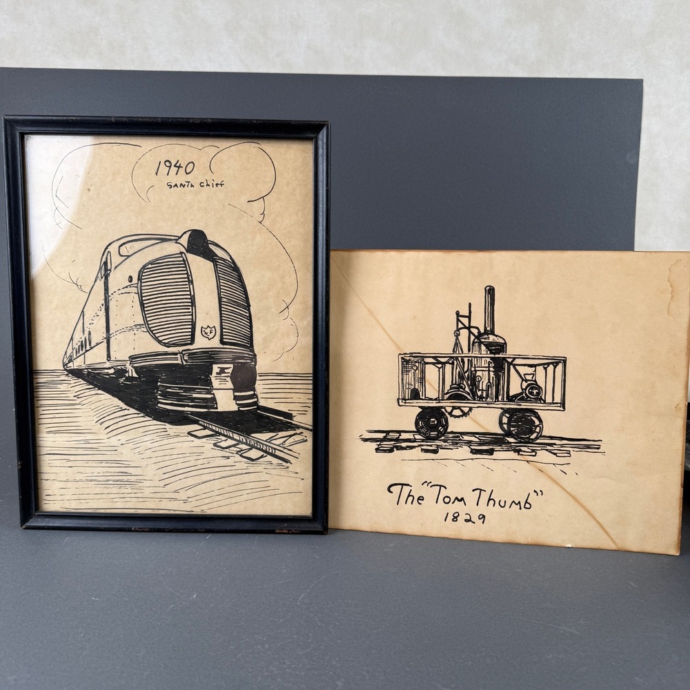 S. Hough Vintage Train Ink Drawings City of Denver Train 1940 + Tom Thumb 1829